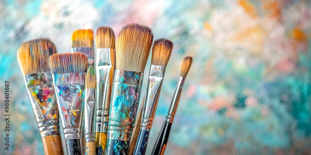 Fototapeta premium Artistic tools, vibrant paintbrushes and watercolor pans, softly blurred background, inviting creativity and inspiration