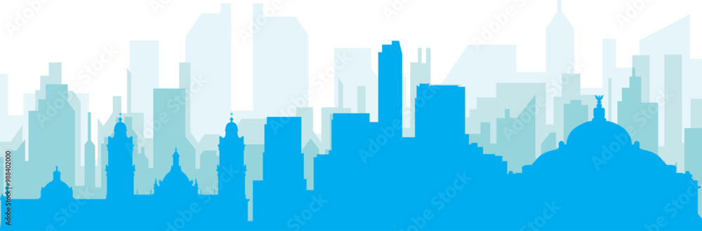 Fototapeta premium Blue panoramic city skyline poster with bluish misty transparent background buildings of MEXICO CITY, MEXICO