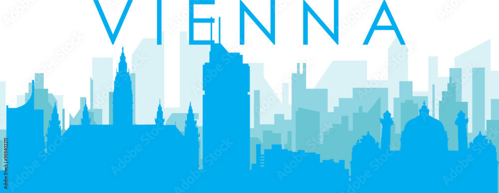 Blue panoramic city skyline poster with bluish misty transparent background buildings of VIENNA, AUSTRIA Blue panoramic city skyline poster with bluish misty transparent background buildings of VIENNA, AUSTRIA
