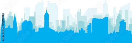 Blue panoramic city skyline poster with bluish misty transparent background buildings of LA PLATA, ARGENTINA