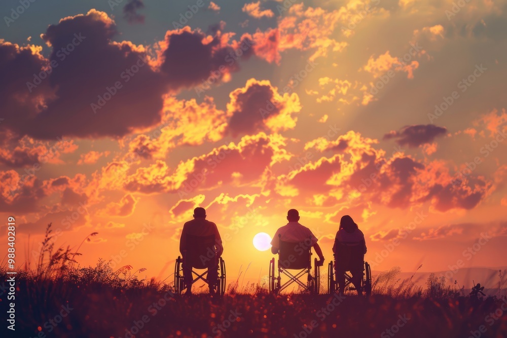 Physical Disability: Three People in Wheelchairs Finding Hope at Sunset Physical Disability: Three People in Wheelchairs Finding Hope at Sunset