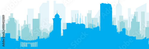 Blue panoramic city skyline poster with bluish misty transparent background buildings of GUAYAQUIL, ECUADOR