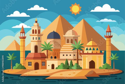 A vibrant cartoon depiction of iconic Cairo landmarks set against the backdrop of the Nile River and pyramids during a beautiful sunset.