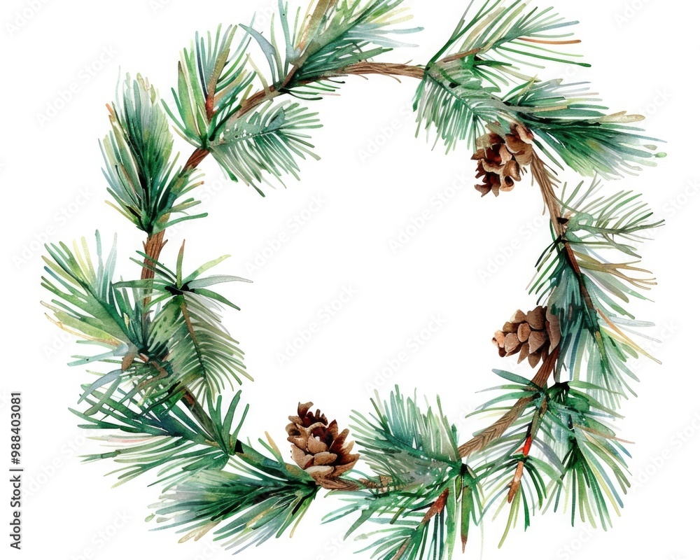 Naklejka premium Pine Wreath Artwork Watercolor - Fir Tree Branch and Cedar. Christmas Celebration Card Design