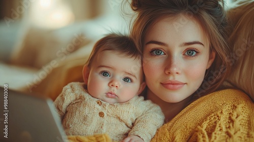 mother with small baby working from homeoffice typing on laptop mom paying bills online holding small baby photo