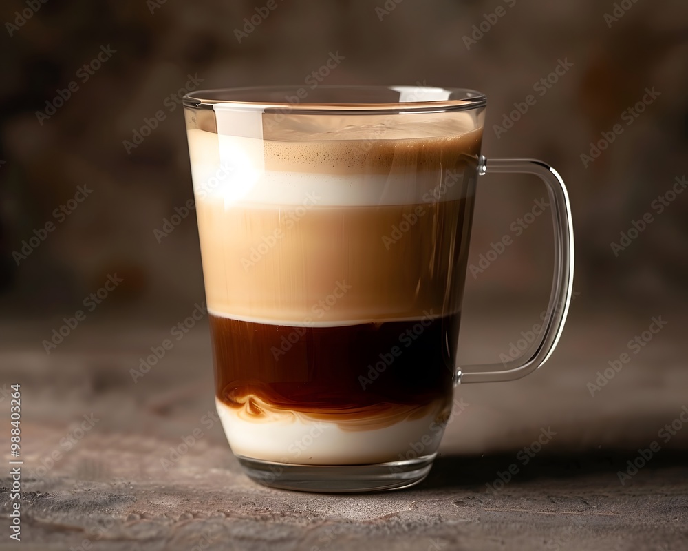 A beautiful layered coffee drink showcasing rich espresso, silky milk, and creamy foam in a clear glass mug. A beautiful layered coffee drink showcasing rich espresso, silky milk, and creamy foam in a clear glass mug.