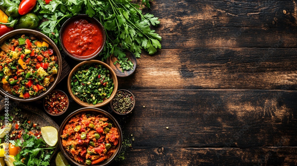 Bowl of diced red, green, and yellow peppers, parsley, and spices on dark wood with space for text. Bowl of diced red, green, and yellow peppers, parsley, and spices on dark wood with space for text.