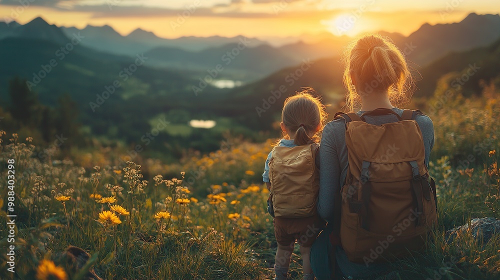 Fototapeta premium mother with small toddler daughter hiking outdoors in summer nature resting
