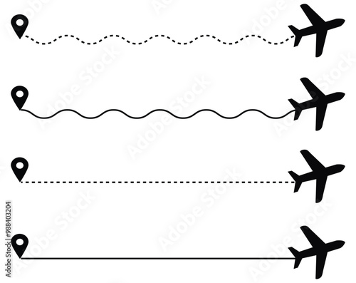 airplane travel straight and dotted path and location pin icon for web and apps