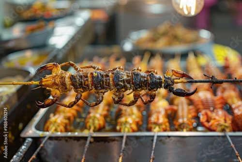 Edible Insects, Eating Bugs, Eating Insect Snacks, Exotic Cuisine as Fried Bugs as Grasshoppers photo