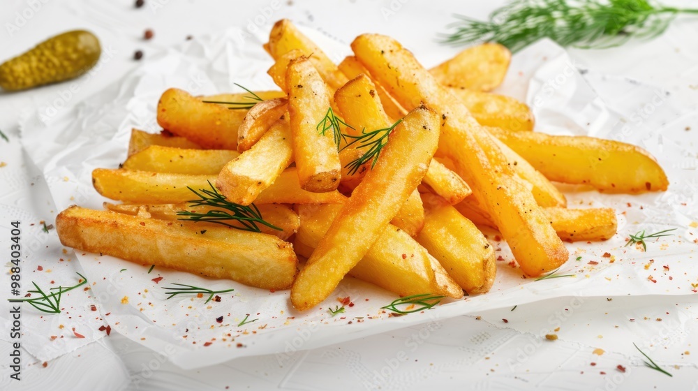 Seasoned French Fries. Delicious Fast Food Snack on White Paper with Yellow Background Seasoned French Fries. Delicious Fast Food Snack on White Paper with Yellow Background