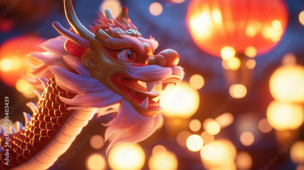 A vibrant dragon head illuminated amidst colorful lanterns celebrating an evening festival filled with joy and tradition, 3d illustration. A vibrant dragon head illuminated amidst colorful lanterns celebrating an evening festival filled with joy and tradition, 3d illustration.