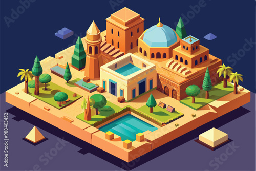 This illustration showcases historical buildings and lush greenery in an isometric design, representing the essence of El Cairo.