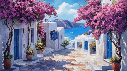 Fototapeta Naklejka Na Ścianę i Meble -  Watercolor of Traditional greek Santorini house with bougainvillea flowers,Greece islands blue white traditional cafe restaurant architecture,Santorini blue door window,Mediterranean scene.
