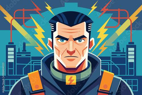 An electrician character stands confidently against a vibrant background of lightning bolts and industrial elements, showcasing energy and strength.