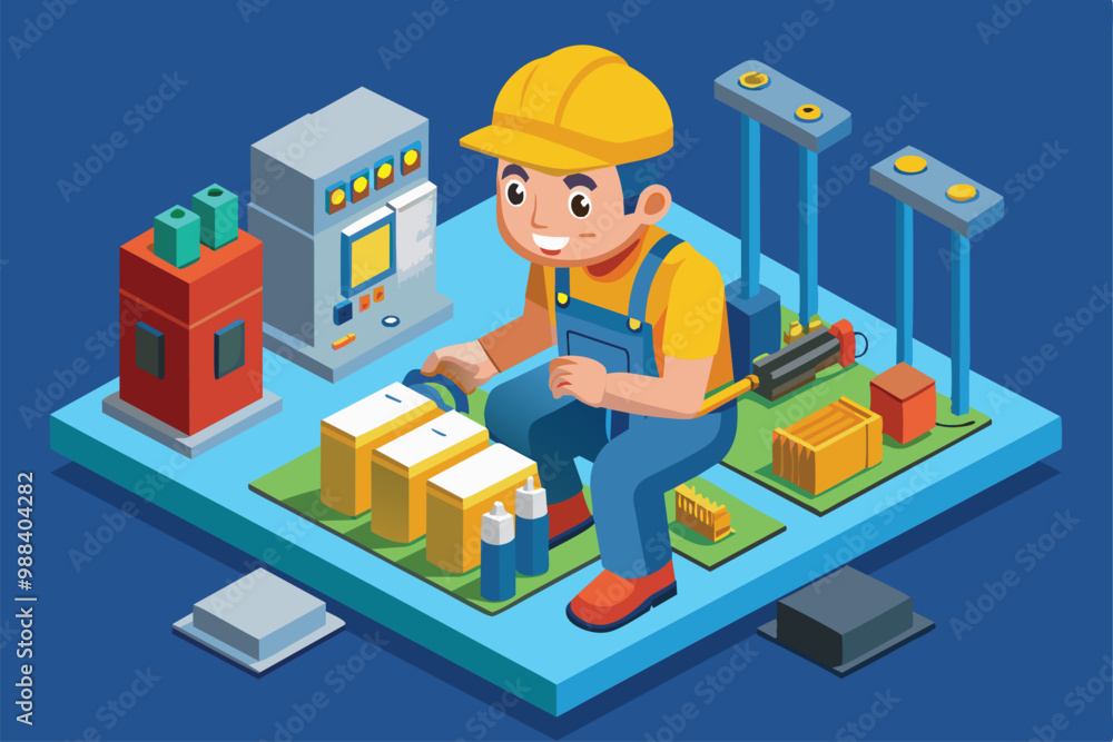 An electrician is actively engaged in setting up circuit components, surrounded by tools and equipment in a contemporary workspace. An electrician is actively engaged in setting up circuit components, surrounded by tools and equipment in a contemporary workspace.