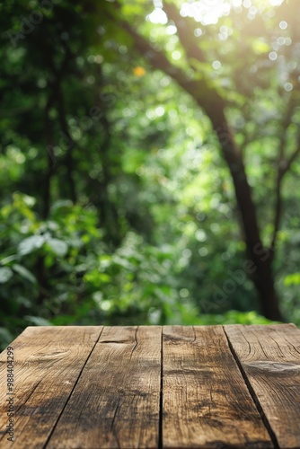 A wooden table with a view of a forest