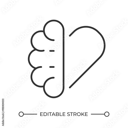 Emotional intelligence linear icon. Heart and brain. Emotional quotient. Emotions and logic balance. Compassion. Thin line illustration. Contour symbol. Vector outline drawing. Editable stroke