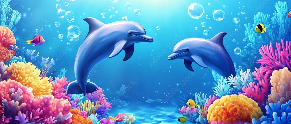 Fototapeta premium Dolphins swimming through colorful coral reef.