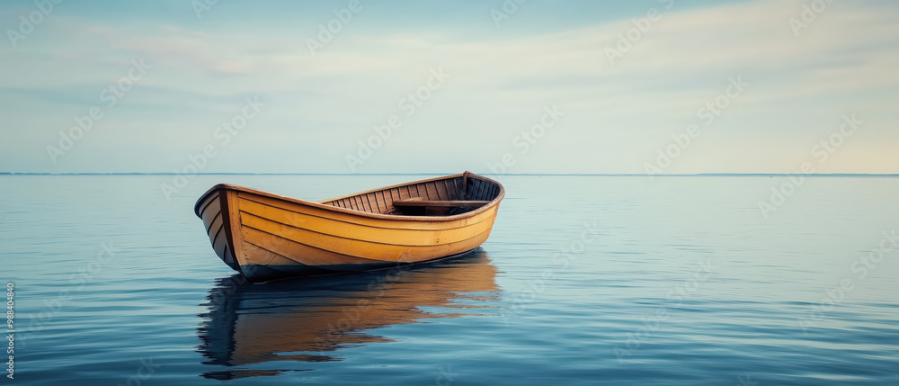 A serene view of a wooden boat floating on calm water, reflecting the peaceful sky and inviting tranquility. A serene view of a wooden boat floating on calm water, reflecting the peaceful sky and inviting tranquility.