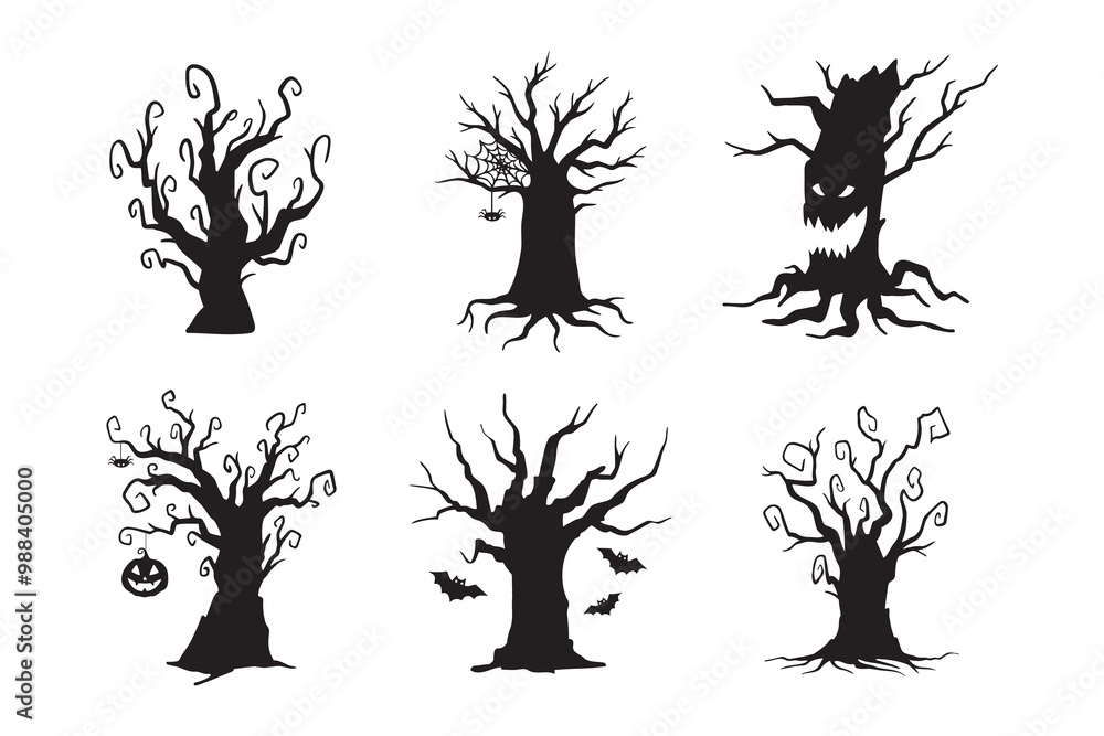 Halloween hand drawn spooky tree doodle silhouette set. Creepy trees Halloween hand drawn spooky tree doodle silhouette set. Creepy trees