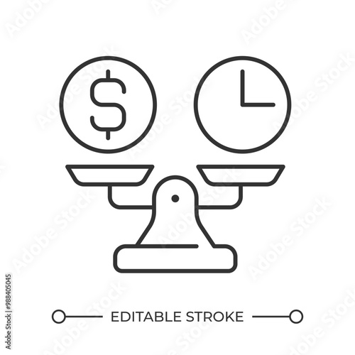 Time money balance linear icon. Dollar sign and clock on balance scale. Time management. Cost effective. Thin line illustration. Contour symbol. Vector outline drawing. Editable stroke