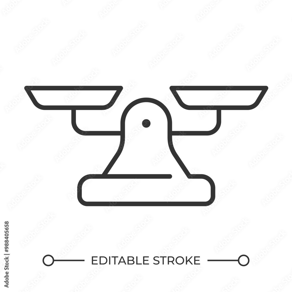 Balance scale linear icon. Symbol of equality and fairness. Decision making concept. Law and justice. Comparison. Thin line illustration. Contour symbol. Vector outline drawing. Editable stroke Balance scale linear icon. Symbol of equality and fairness. Decision making concept. Law and justice. Comparison. Thin line illustration. Contour symbol. Vector outline drawing. Editable stroke