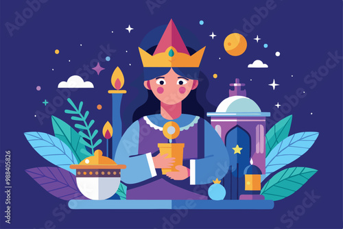 A woman with a crown holds a candle, surrounded by plants, a lantern, and celestial elements, creating a scene of reflection and inspiration.
