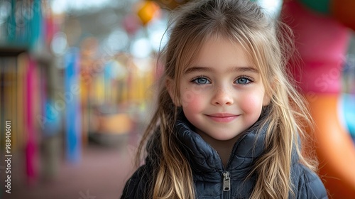 outdoor portrait of cute young girl girl with long hair standing on playground in the city