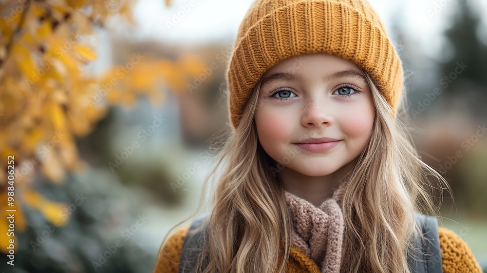 outdoor portrait of cute young girl with beanie hat, backpack girl with long hair going to school banner with copy space outdoor portrait of cute young girl with beanie hat, backpack girl with long hair going to school banner with copy space