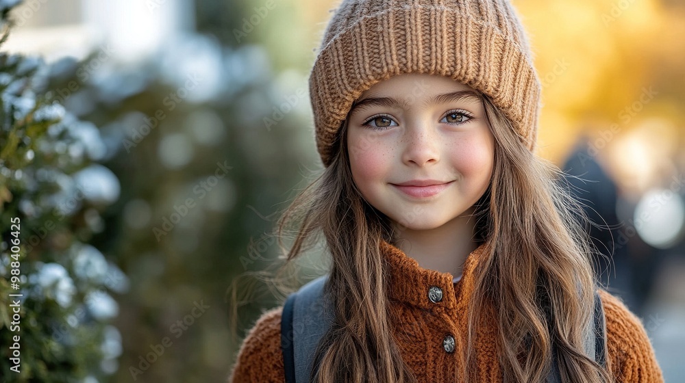 outdoor portrait of cute young girl with beanie hat, backpack girl with long hair going to school outdoor portrait of cute young girl with beanie hat, backpack girl with long hair going to school