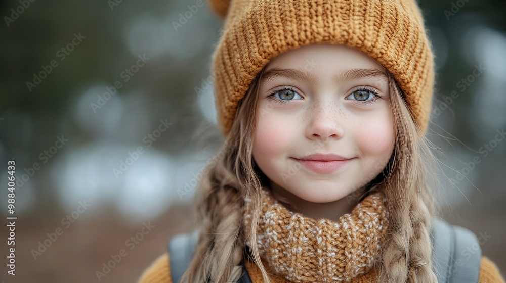 outdoor portrait of cute young girl with beanie hat, backpack girl with long hair going to school outdoor portrait of cute young girl with beanie hat, backpack girl with long hair going to school
