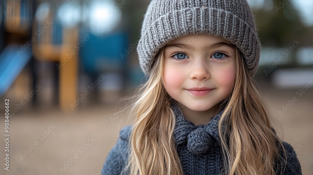outdoor portrait of cute young girl with beanie hat girl with long hair standing on playground in the city outdoor portrait of cute young girl with beanie hat girl with long hair standing on playground in the city