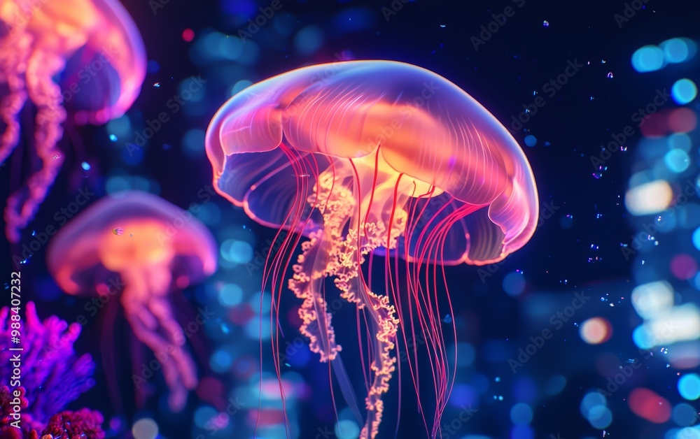 8K photorealistic image of an underwater city with bioluminescent jellyfish and coral reefs 8K photorealistic image of an underwater city with bioluminescent jellyfish and coral reefs