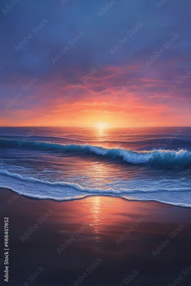 Fototapeta premium A serene sunset over the ocean, showcasing vibrant hues of orange and purple, reflecting on gentle waves washing up on a sandy shore.