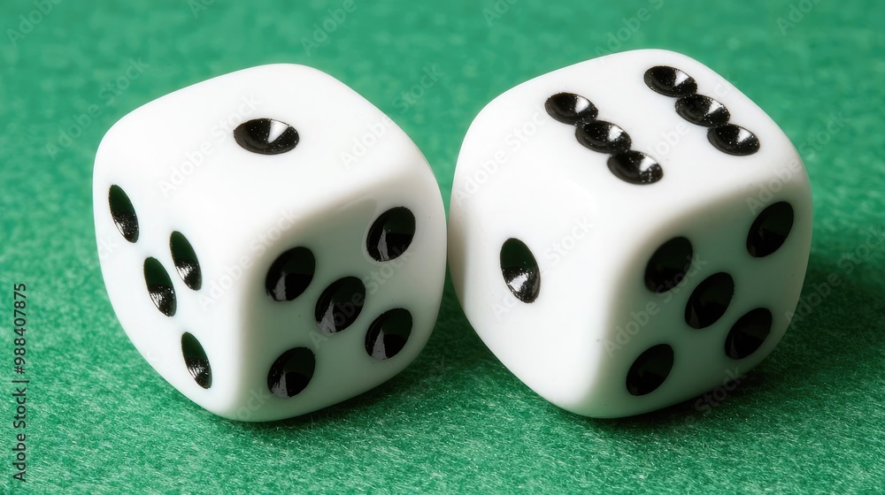 Two classic white dice showing a combination of numbers on a green felt surface, perfect for games or gambling visuals. Two classic white dice showing a combination of numbers on a green felt surface, perfect for games or gambling visuals.