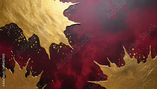 abstract burgundy red grunge wall with golden paint