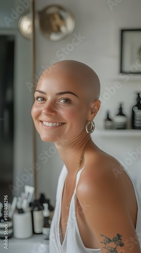 Confident Bald Woman Smiling - Empowerment and Beauty.