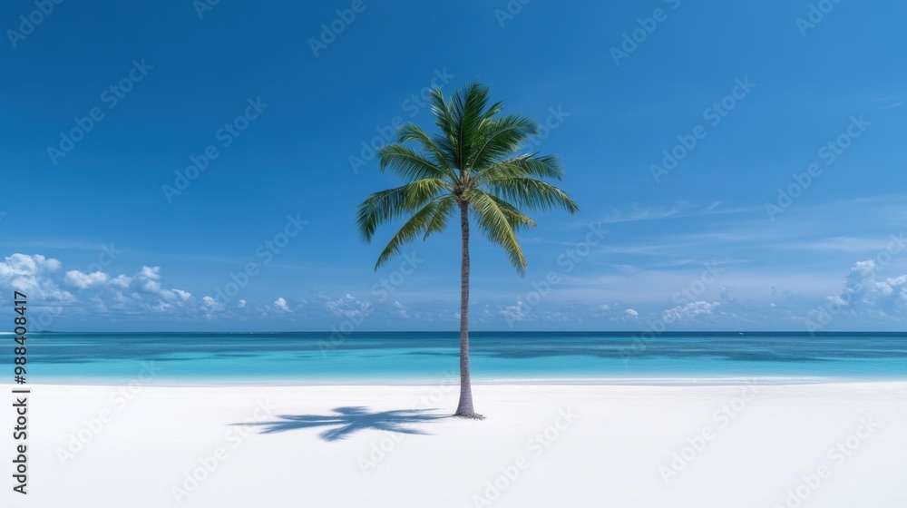 A solitary palm tree stands on a pristine white sand beach, with a clear blue ocean and sky in the background, evoking tranquility and tropical beauty. A solitary palm tree stands on a pristine white sand beach, with a clear blue ocean and sky in the background, evoking tranquility and tropical beauty.