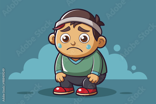 A young boy sits on the ground with a sorrowful expression, wearing a green sweater and red shoes, reflecting feelings of sadness and regret.