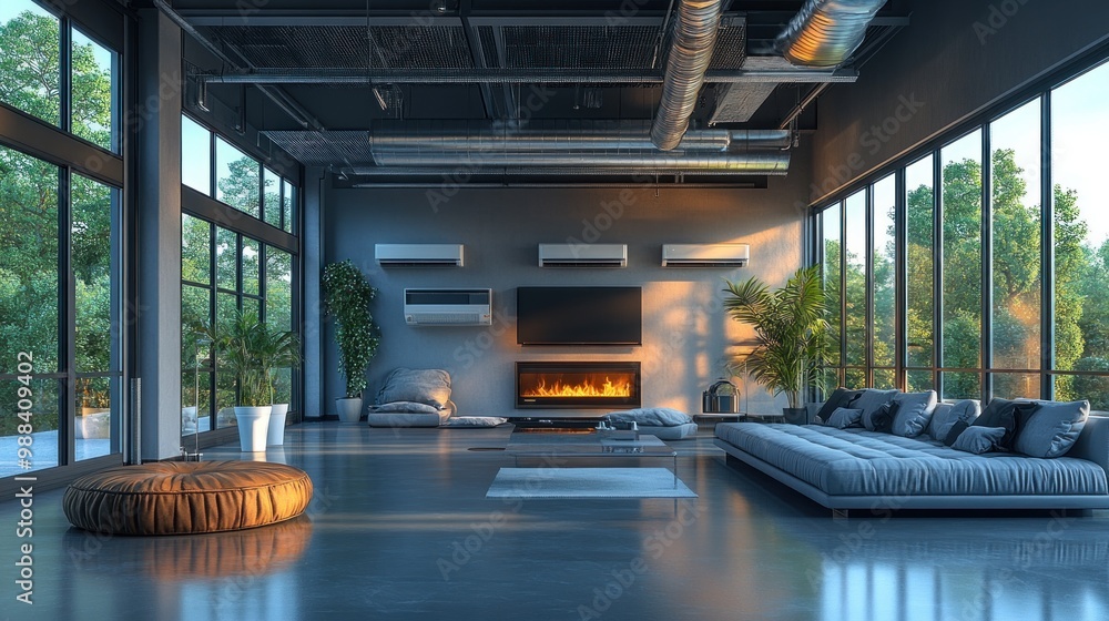 Modern living room with large windows and cozy furnishings. Modern living room with large windows and cozy furnishings.