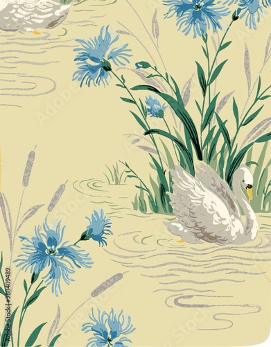 Wallpaper Mural Vintage illustration of a swan swimming in a pond surrounded by blue flowers and green reeds. Torontodigital.ca