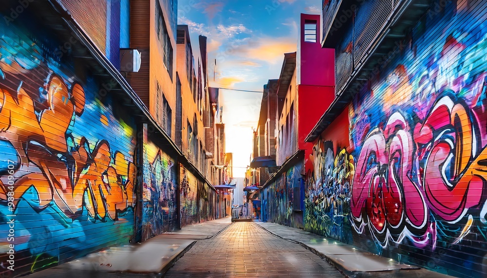 Fototapeta premium A vibrant alleyway adorned with colorful graffiti murals, showcasing urban art against a backdrop of bright buildings and a scenic sunset.