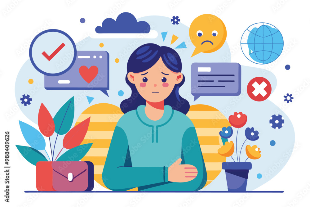A person looks downcast among colorful thought bubbles, plants, and icons, expressing emotions of regret and concern in a bright, flat design. A person looks downcast among colorful thought bubbles, plants, and icons, expressing emotions of regret and concern in a bright, flat design.