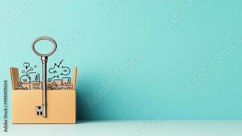 A large key unlocking a box filled with business concepts like Strategy, Innovation, and Leadership, representing the keys to out of the box thinking
