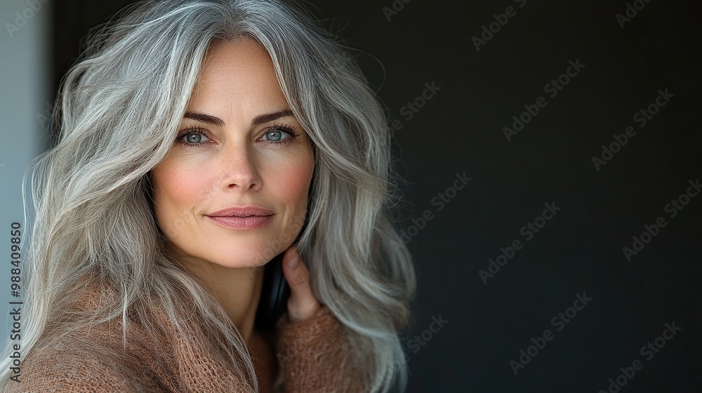 portrait of beautiful woman with gray hair using speakerphone to make call portrait of beautiful woman with gray hair using speakerphone to make call