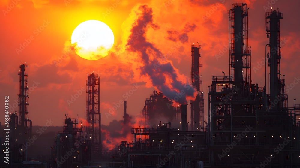 A sunset over a city skyline with a large oil refinery in the background. The sky is filled with smoke from the refinery A sunset over a city skyline with a large oil refinery in the background. The sky is filled with smoke from the refinery