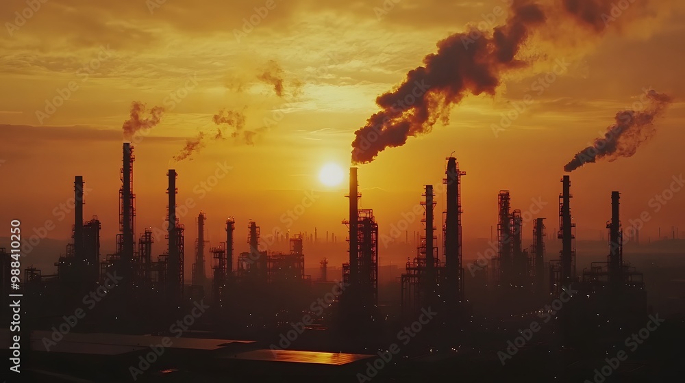 Obraz premium A sunset over a city skyline with a large oil refinery in the background. The sky is filled with smoke from the refinery