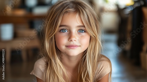 portrait of cute girl sitting on the floor in the kitchen