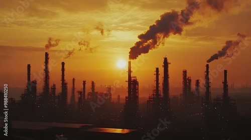 A sunset over a city skyline with a large oil refinery in the background. The sky is filled with smoke from the refinery